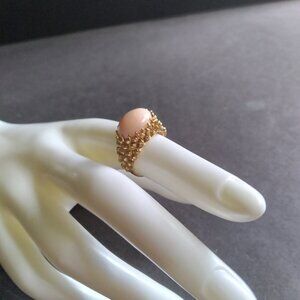 Beautiful Size 6 Angel Skin Coral Cabochon Ring Set in 18K Gold